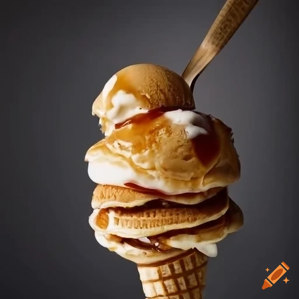 Pancake ice cream with maple syrup on top on Craiyon