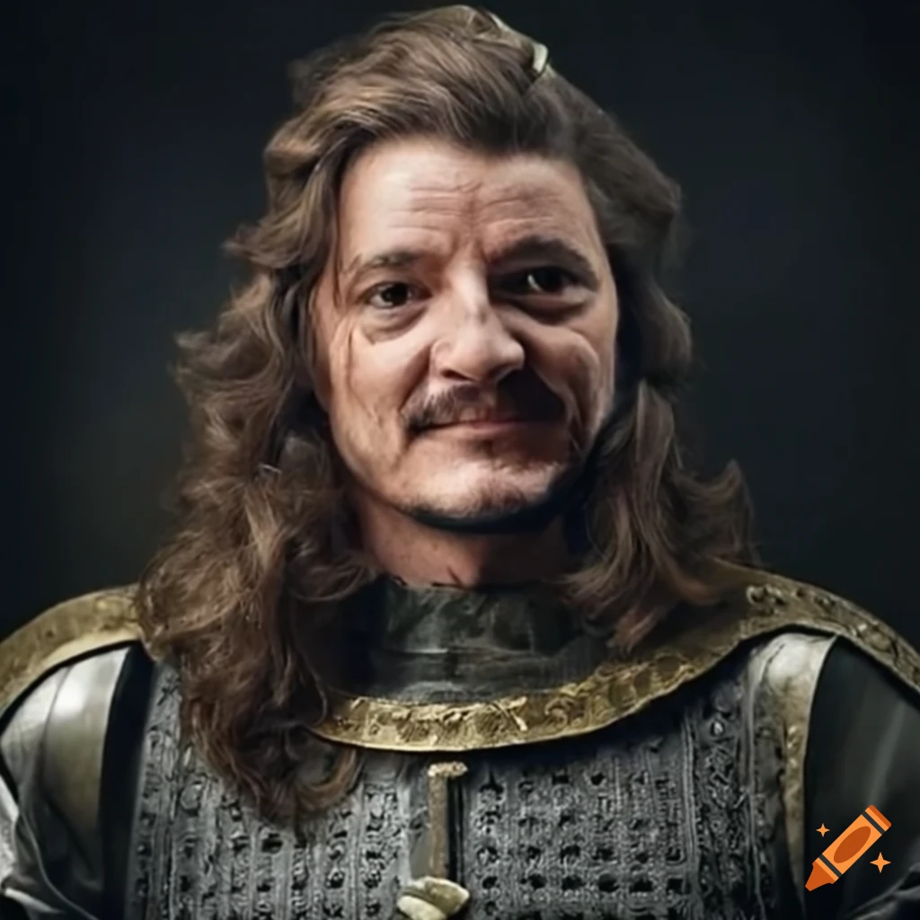 Pedro Pascal dressed up as a medieval king with a smile