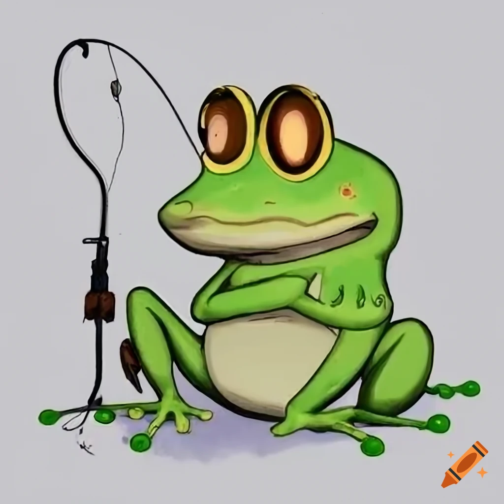 A frog sitting with a fishing rod in his hand on Craiyon