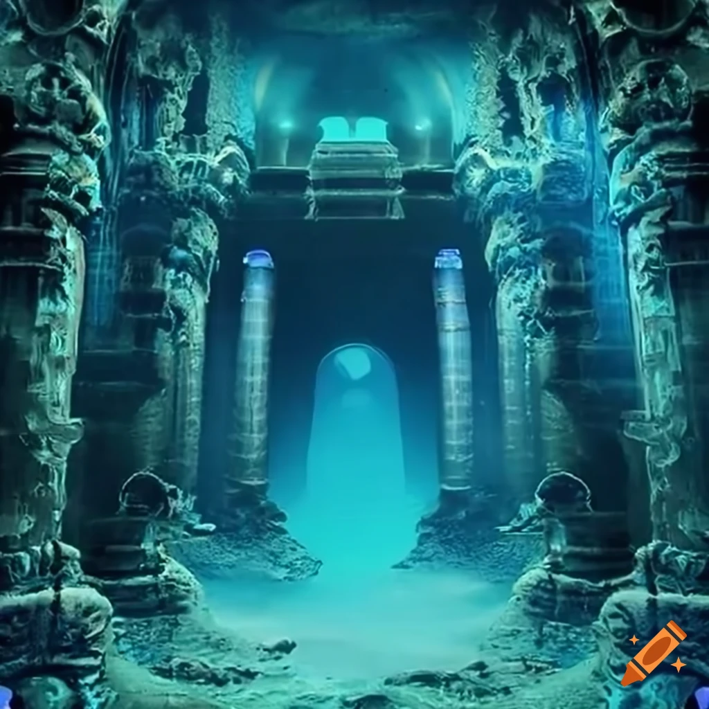 A mysterious underwater temple, built by an ancient civilization that has long since disappeared, rises up from the ocean floor. The temple is decorated with intricate carvings and symbols, and strange energies pulse through its walls. Schools of bioluminescent jellyfish float through the temple chambers, while giant squid keep watch from the shadows