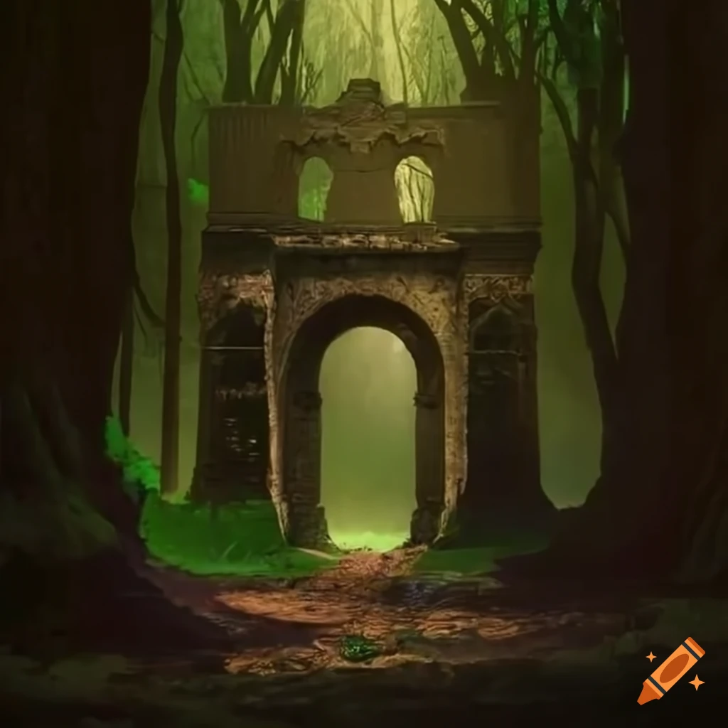 Ruins of a gate of the palace of the gods in the forest on Craiyon