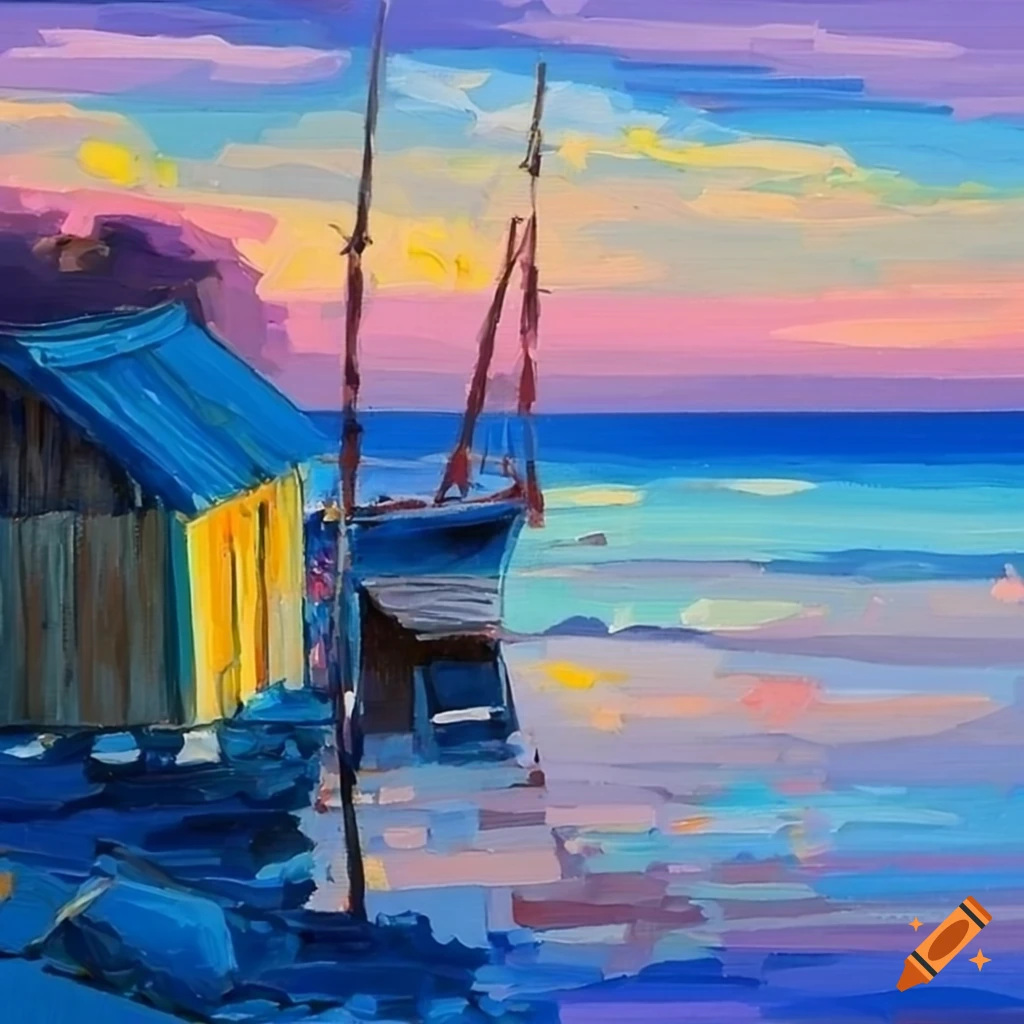 Fishing hut with two boats near the seashore in the morning, painted ...