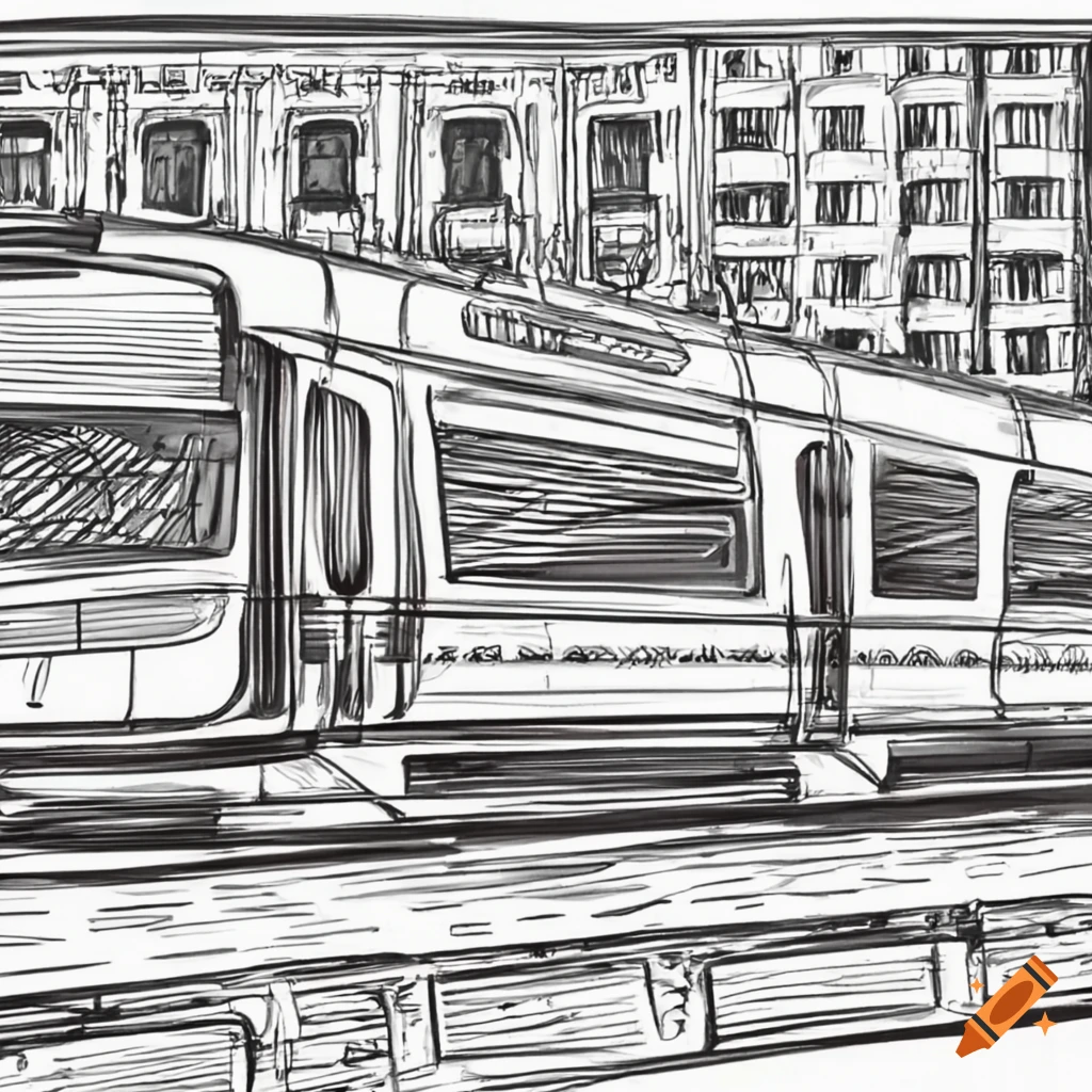 realistic line drawing of a Class 158 train with autumn trees in the  background