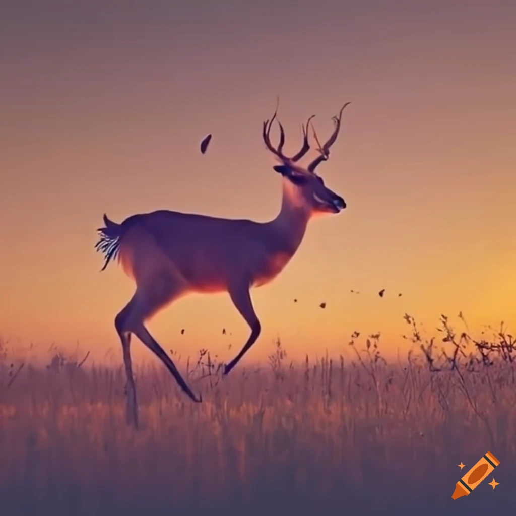 Deer in a field while the sunset makes the butterflies dance on