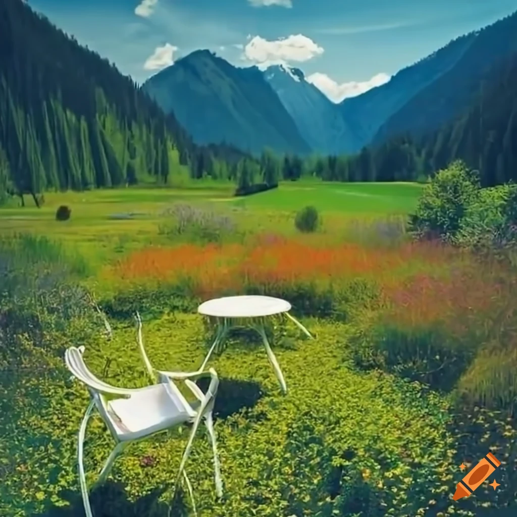 A small garden in pahalgam with white chairs and round table of plastic ...