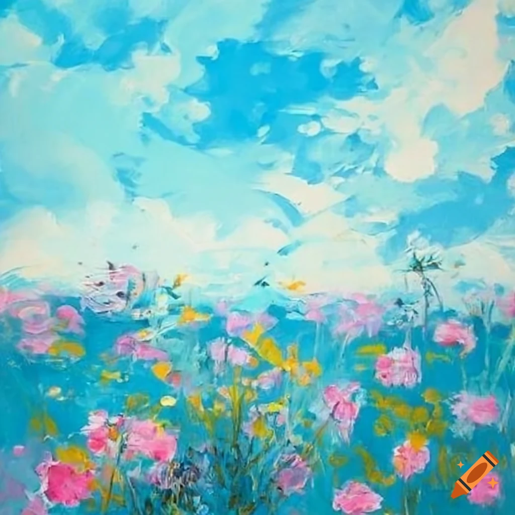 Retro oil painting with wildflowers in a field under blue, pink, white sky