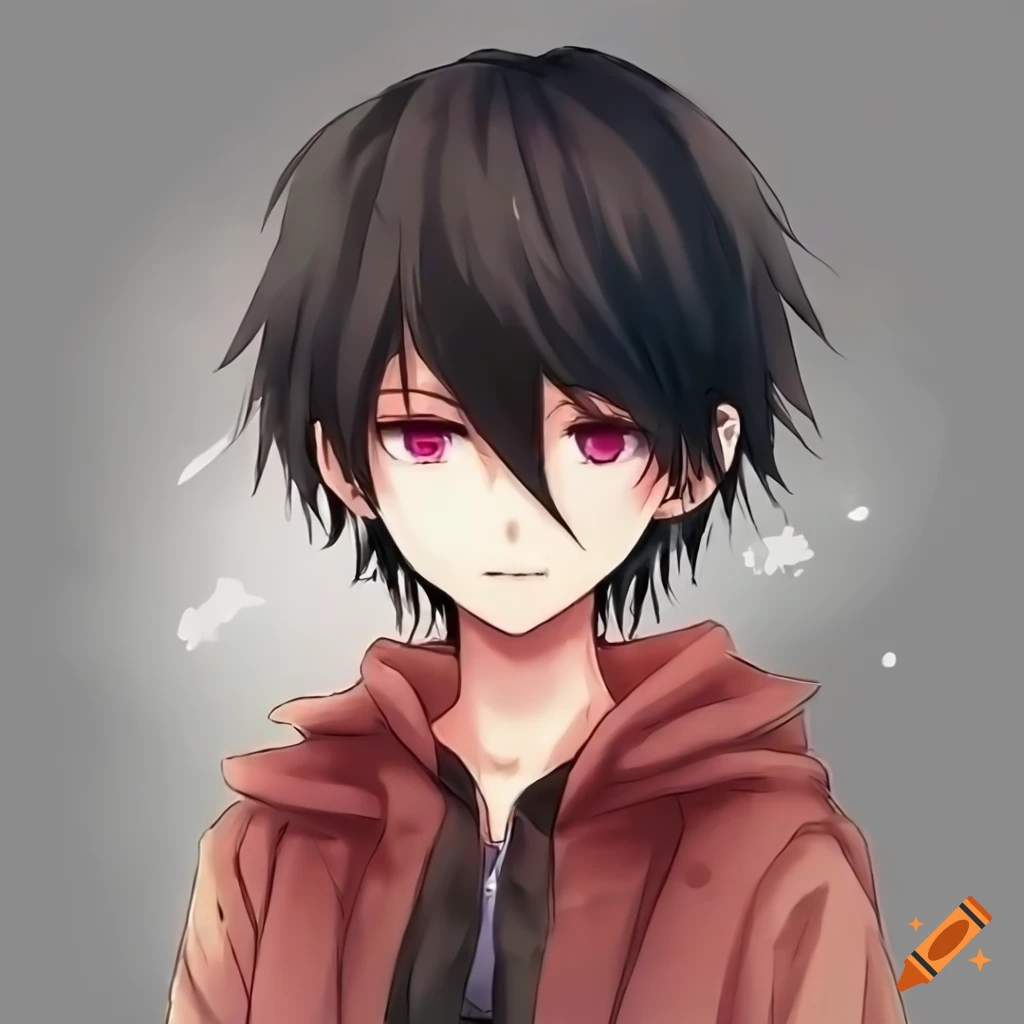 Anime boy with black hair and clothes looking straight ahead