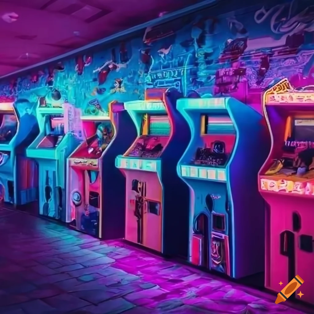 A decorated arcade room full of retro neon gaming machines on Craiyon