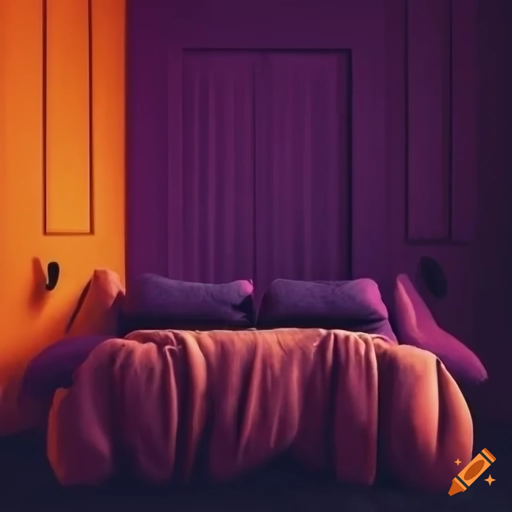Room orange bed, purple pillows, white walls with bears on it, black