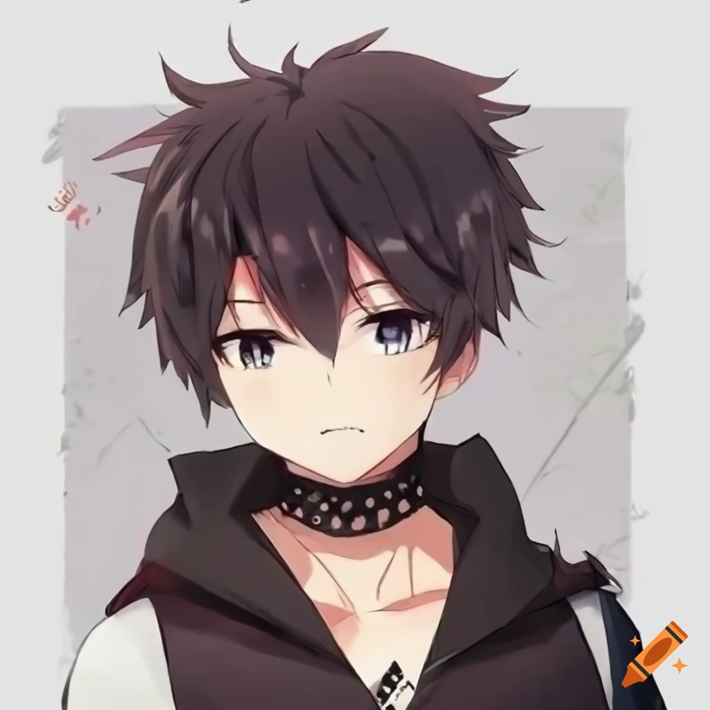 An anime cute male character, short hair, black nanachi