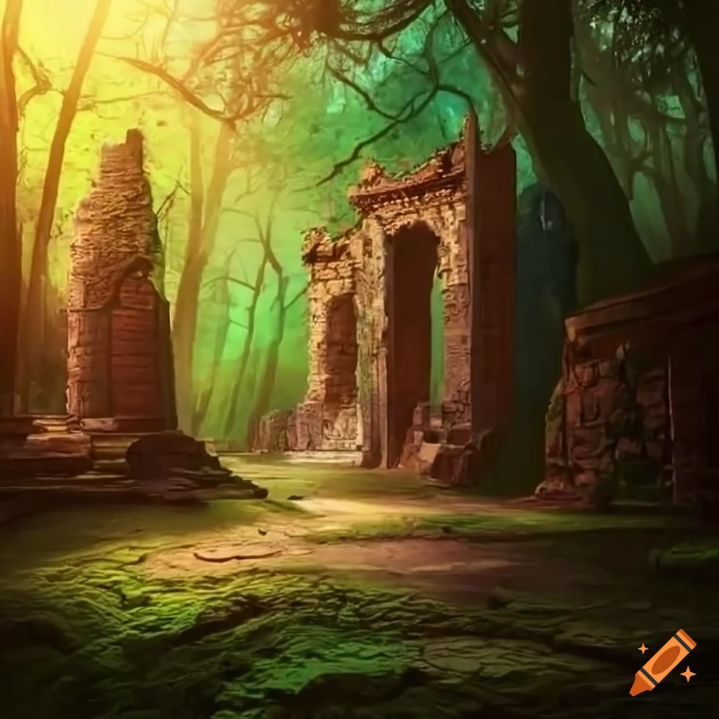 Ruins of a gate of the palace of the gods in the forest on Craiyon