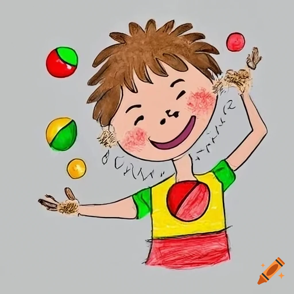 Draw a joyful and enthusiastic child, holding a big, bright juggling ball  in their hand. The child is dressed in a colorful juggling outfit, ready  for their big debut on stage. Their, image size:1024x1024