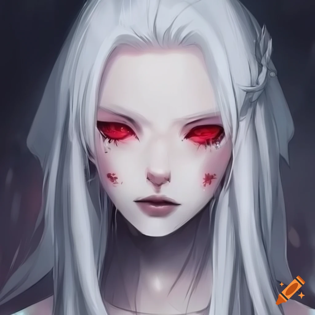 Pale skin, white hair, red eye, anime lady