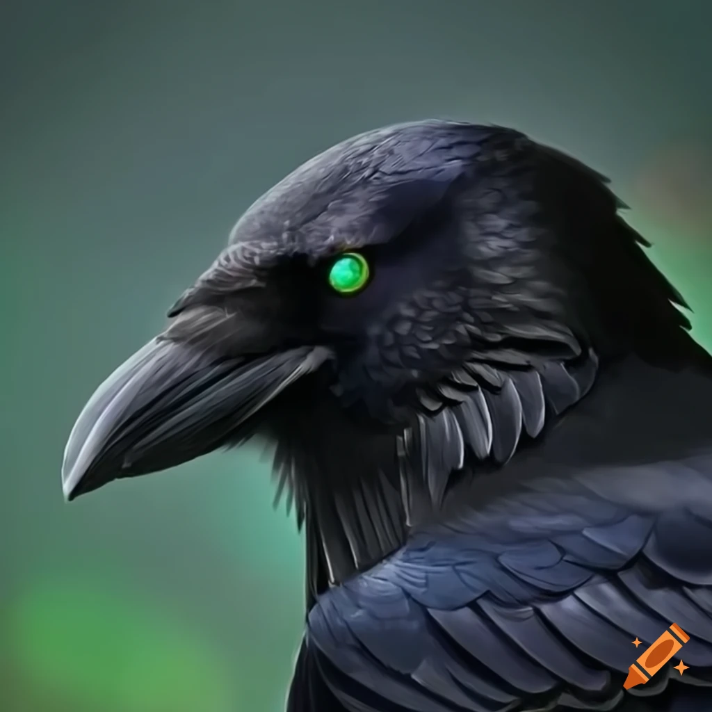 Crow with shining green eyes on Craiyon