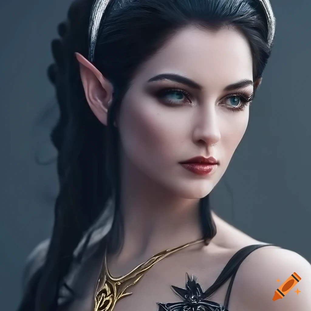 A beautiful elven woman with dark hair wearing a elegant dress, little ...