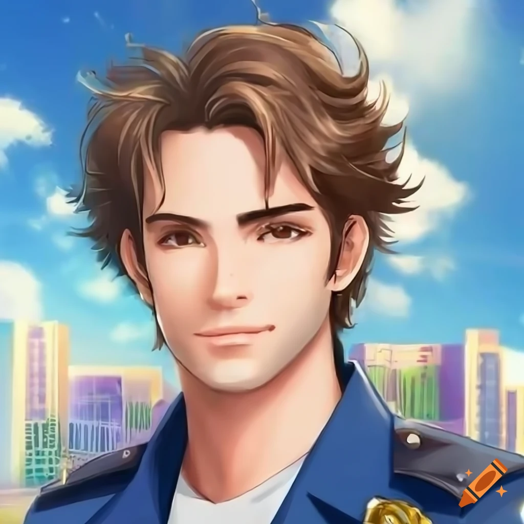 Male cop, with messy wavy brown hair and stubble, brown eyes, in a bright  and sunny city, realistic anime on Craiyon