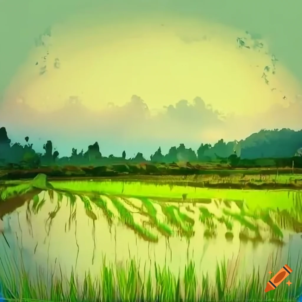 Watercolor Landscape Original Painting Paper Colorful Cottage Rice Field  Morning Stock Illustration by ©paint-mm #216615252