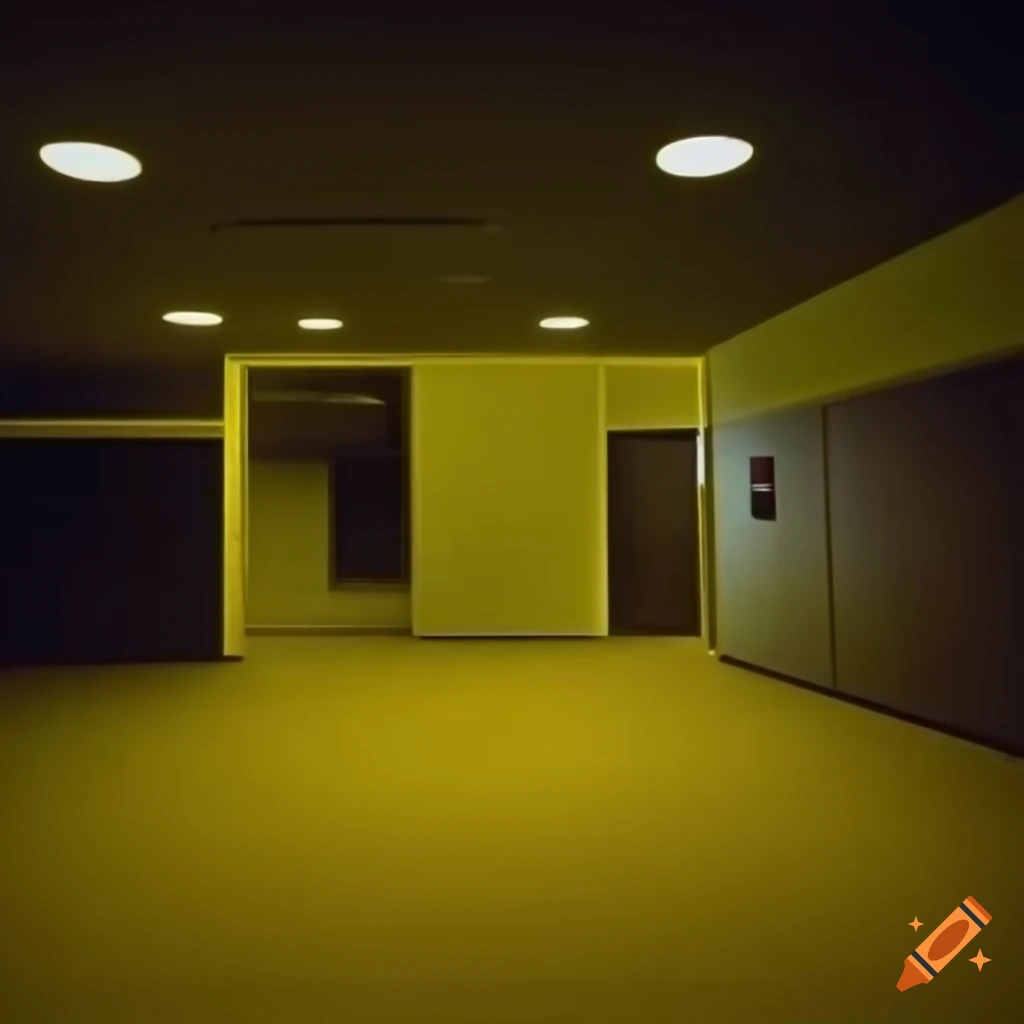 Open space, work office, backrooms, liminal space, realistic, yellow lighting, computers from