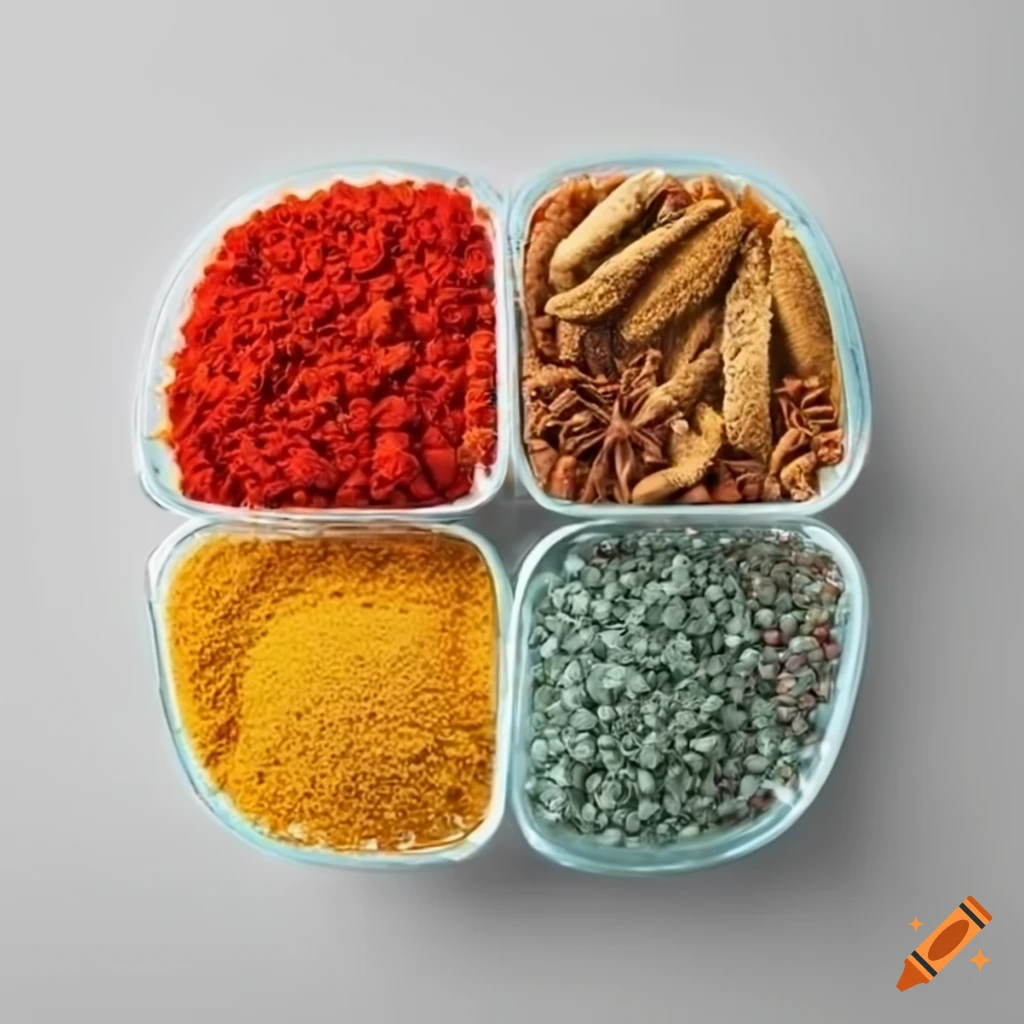 rectangular-grid-of-colourful-spices-in-glass-bowls-on-white-background