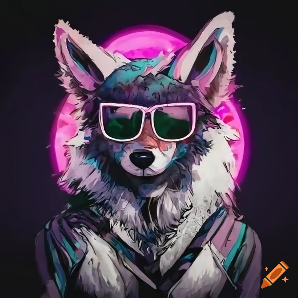 Cool Wolf with Sunglasses, Hiking Mountains Wolf Face