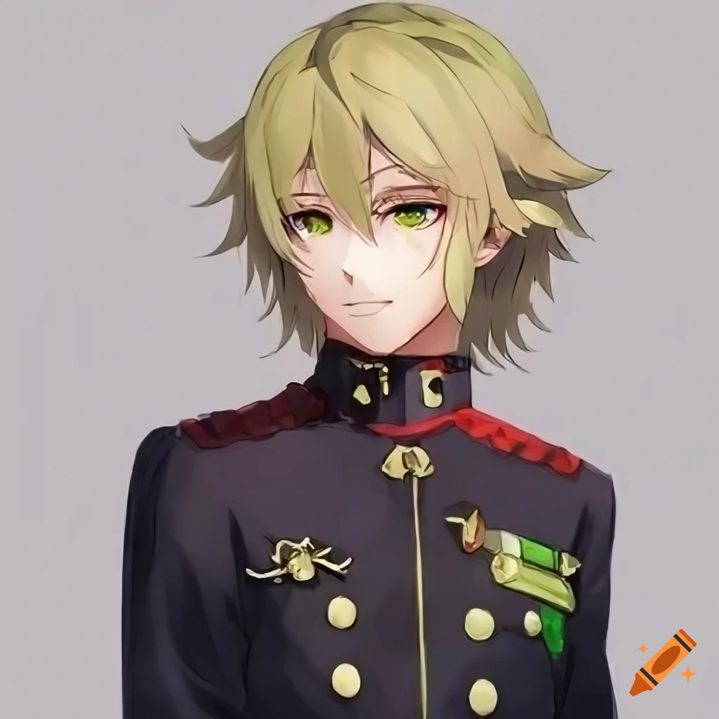 Portrait d'un garçon d'anime style d'Owari no Seraph portant un uniforme  cheveux blonds platines bien coiffés yeux violets clairs on Craiyon, image size:1024x1024