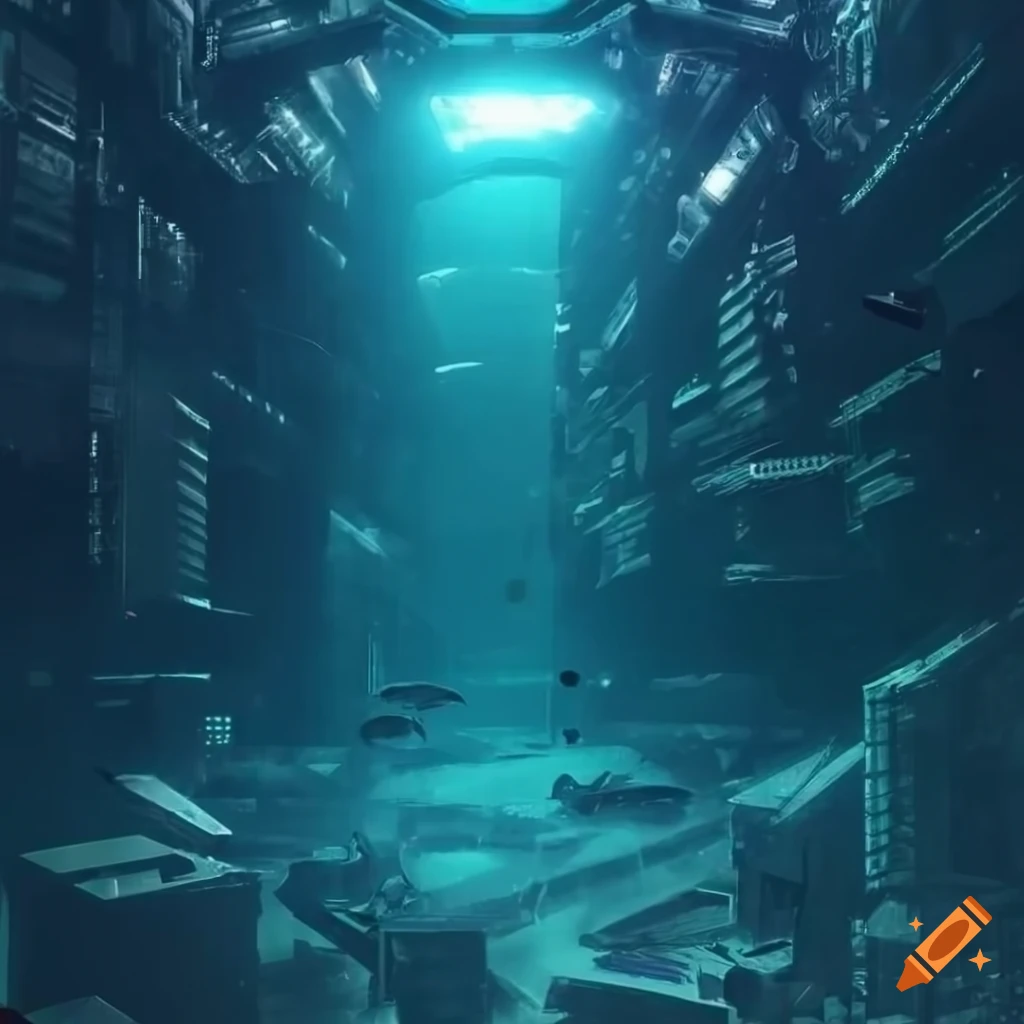 Dark and moody, cyberpunk, underwater