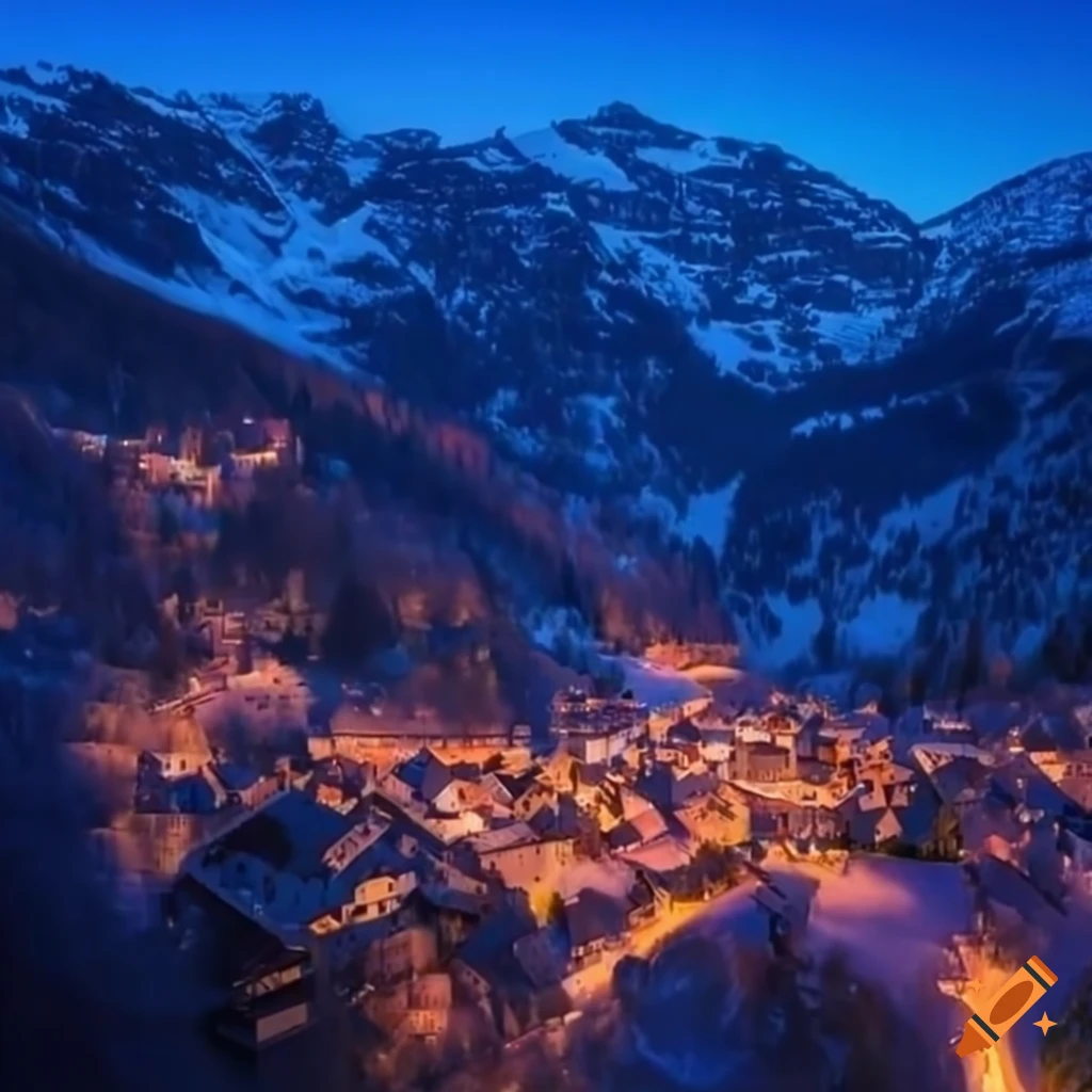 "enhance" aerial above swiss village at dusk on Craiyon