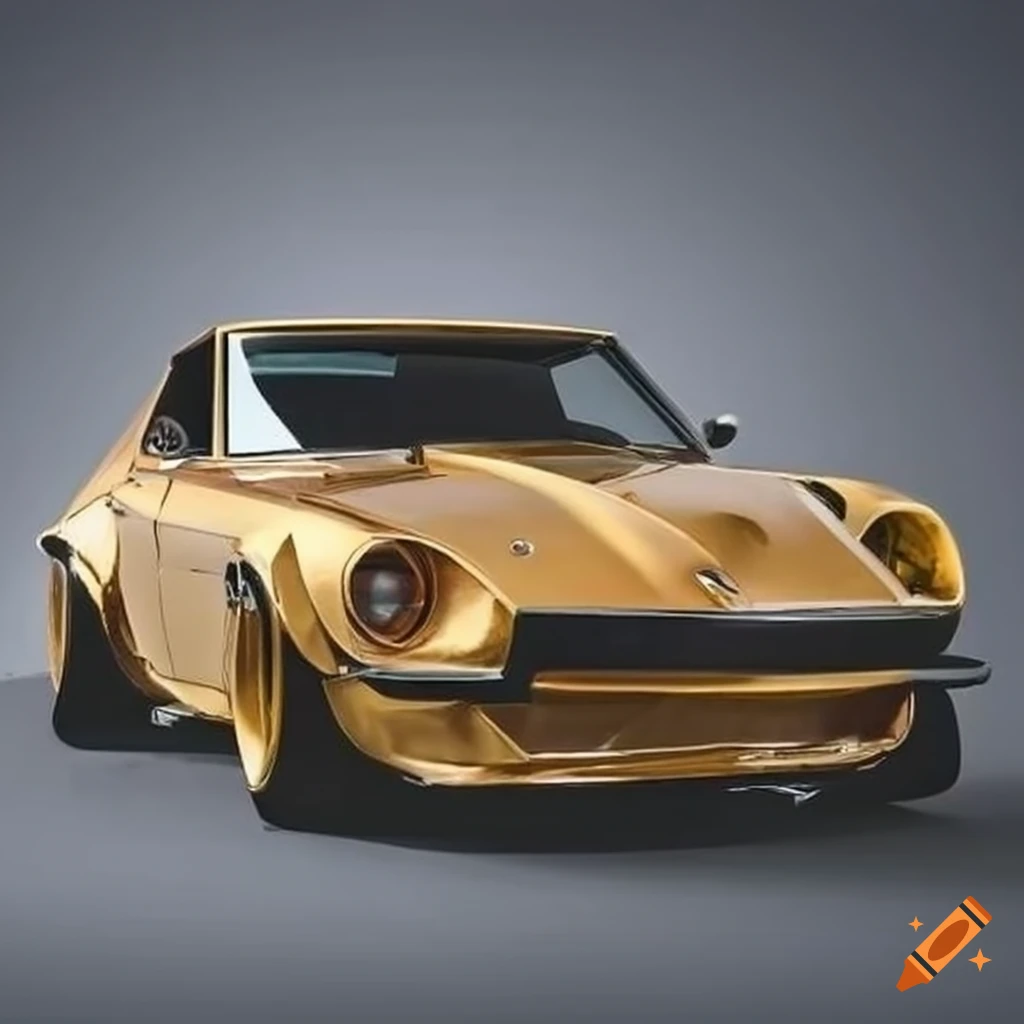 Golden datsun 240z with carbon fiber widebody and a body mounted wing