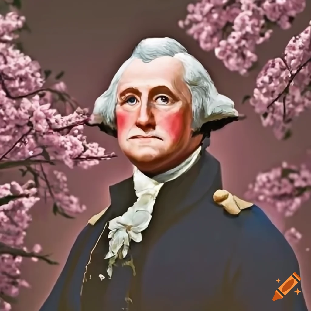 washington standing among cherry trees in a beautiful garden on