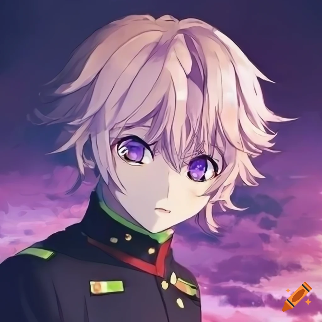 Portait de garçon d'anime inspiré d'Owari no Seraph, uniforme d'écolier de l'univers,  cheveux blonds, yeux violets, peau pâle on Craiyon, image size:1024x1024