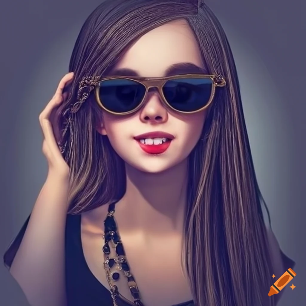 Cute smart girl with sunglasses smile jewelleries black clothes ...