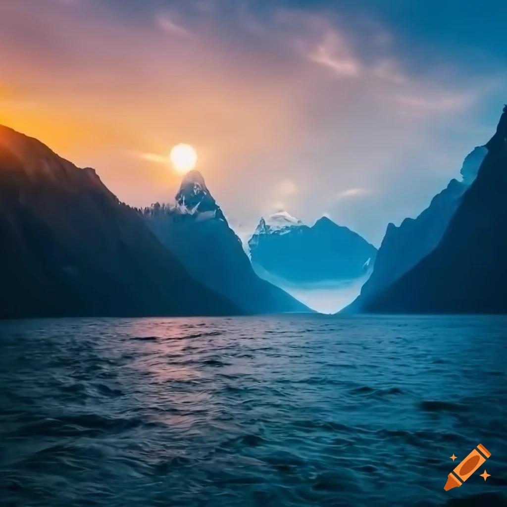 A mountain, fjord, himalayas, sunset, bokeh effect, waves, ocean , lens