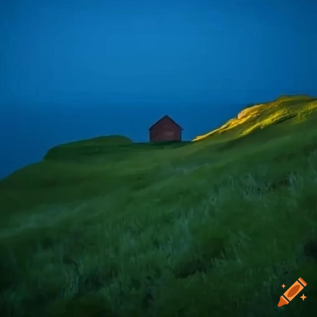 A dreamcore scene of a house of a green hill in the middle of the