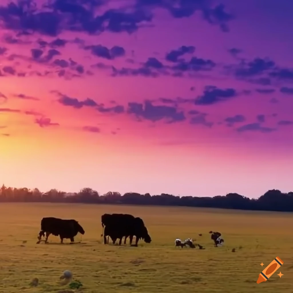 Pink Cow Looks Out Into A Field With Sunset Behind It Background