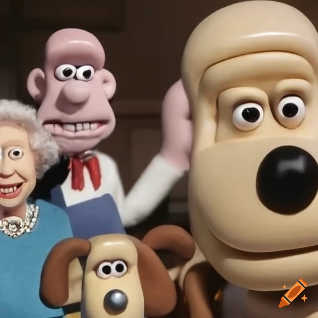 Cartoon characters wallace and gromit meeting queen elizabeth ii on Craiyon