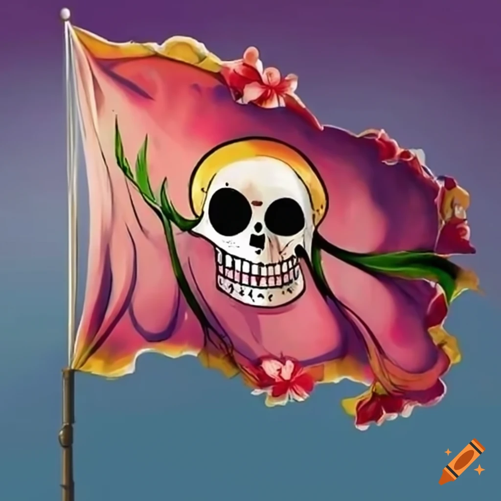 Un drapeau de pirate comme dans one piece avec des fleurs dessus