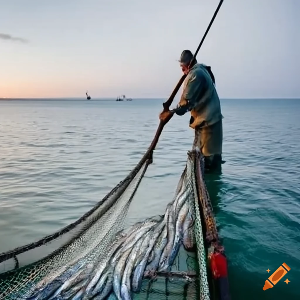 Fishermen inspecting a catch net full of herring on Craiyon