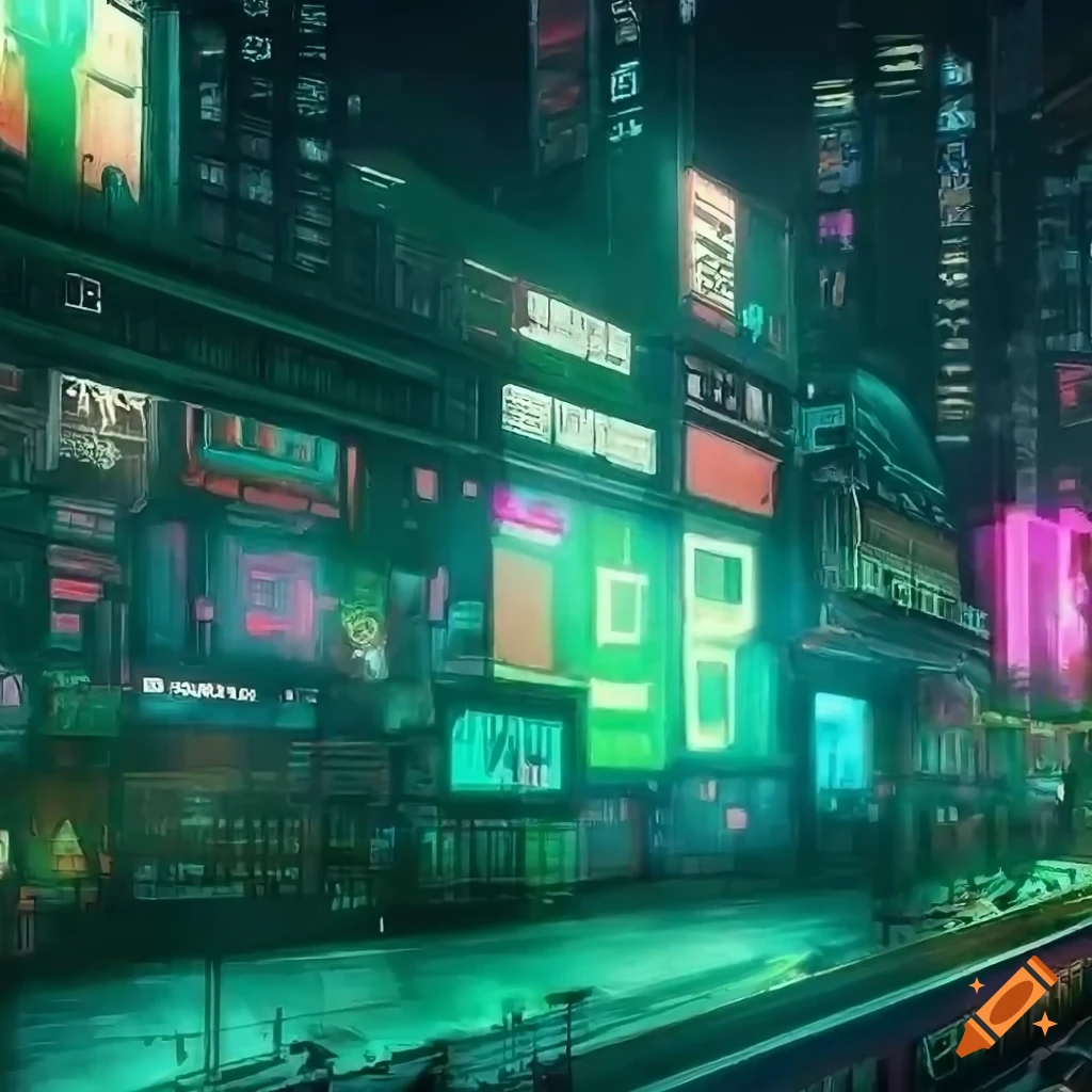 Cyberpunk city with a green hue, detailed, cinematic lighting, digital