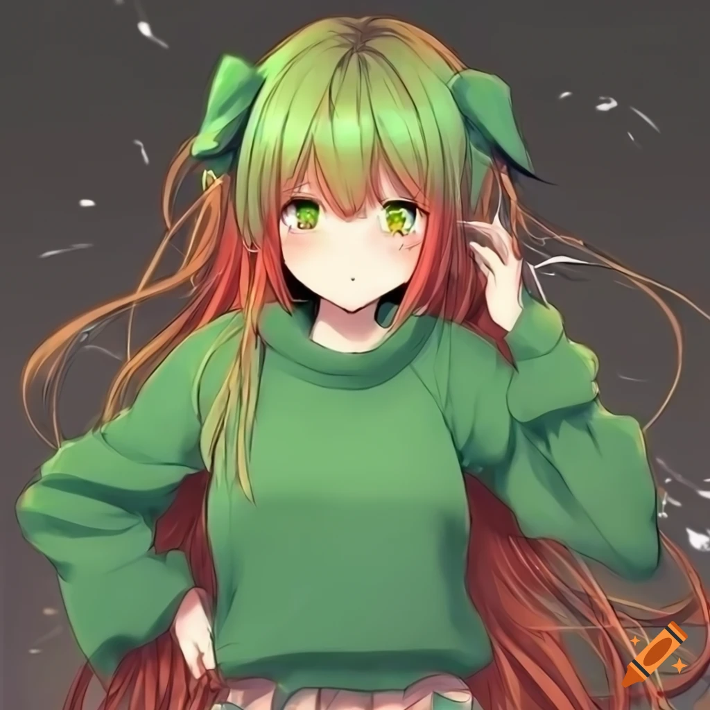 Anime girl with red hair and green eyes wearing a green sweater