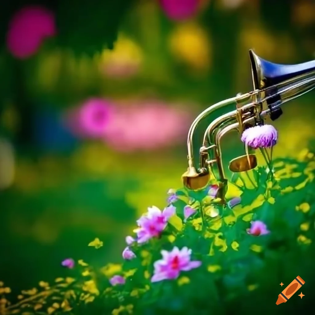 Flowers in garden at spring with brass music flying over all on