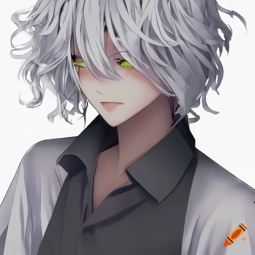 Handsome anime boy with mid length white wavy hair. with yellow