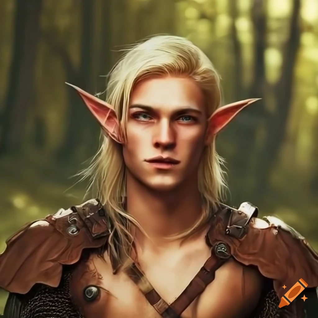 Attractive elf man, leather armor, blonde hair, forest, golden hour