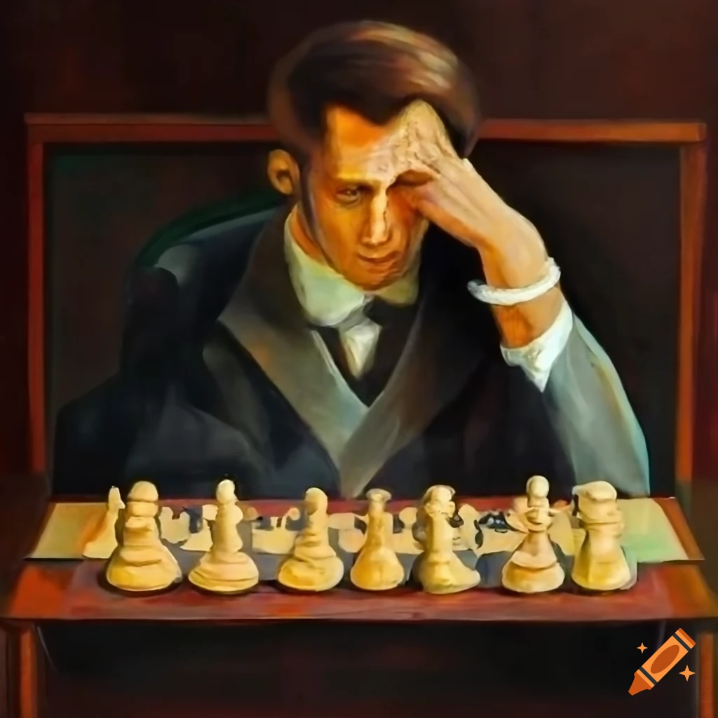 Oil painting of a grand chess match outside a school