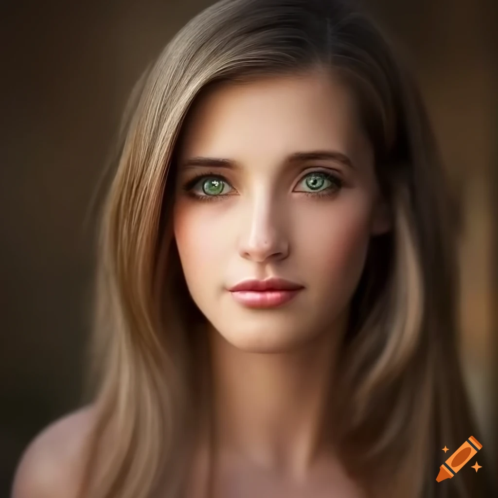 Photorealistic Portrait Of A Young Pretty Woman Smile Shorter Brown Hair Green Eyes Pink 