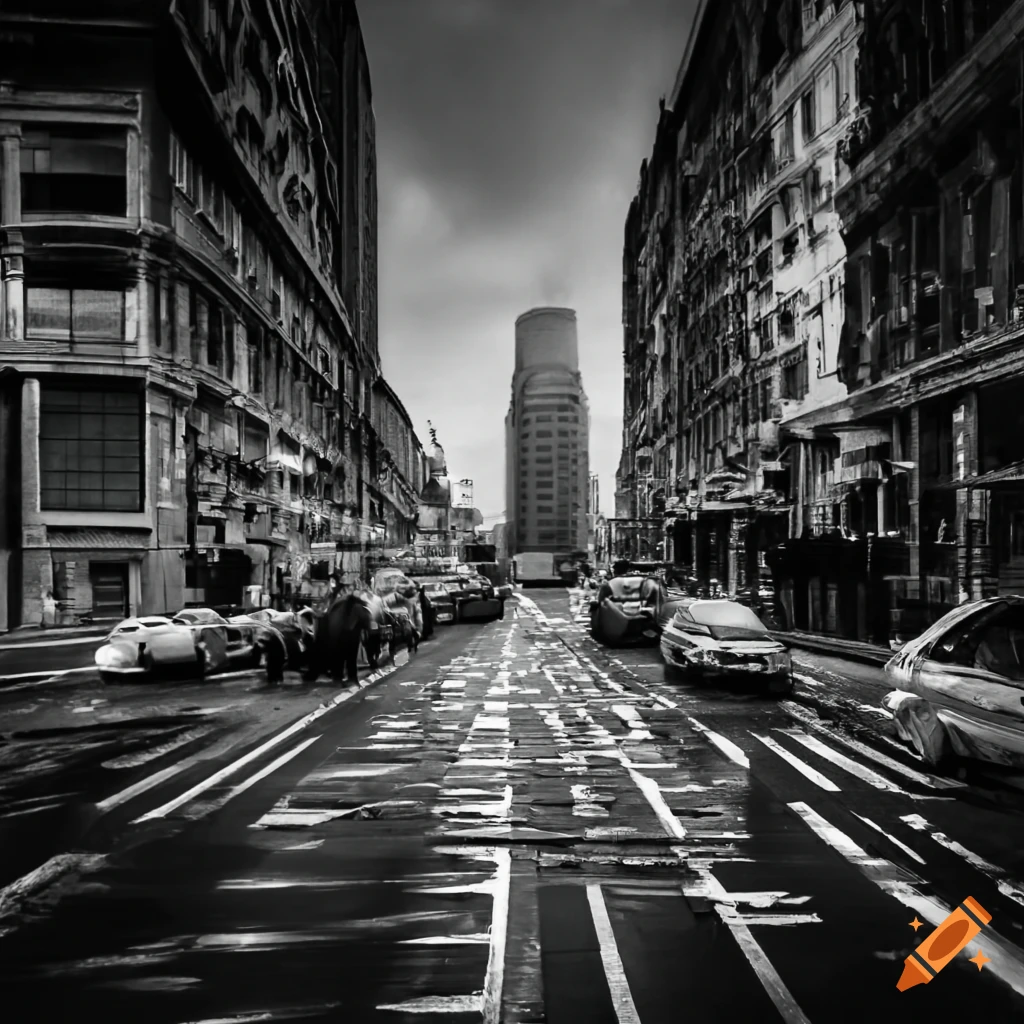 /imagine prompt: a black and white photo of a bustling city street ...