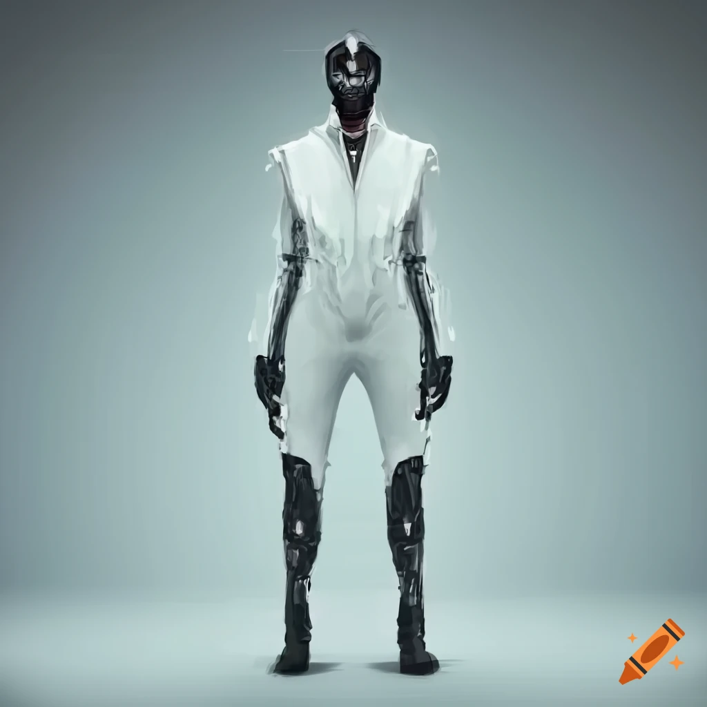 Concept art of man in a fashionable futuristic white jumpsuit