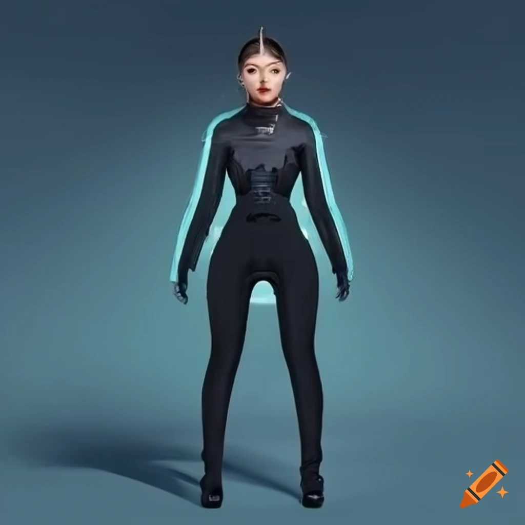 Futuristic female android in black bodysuit on Craiyon