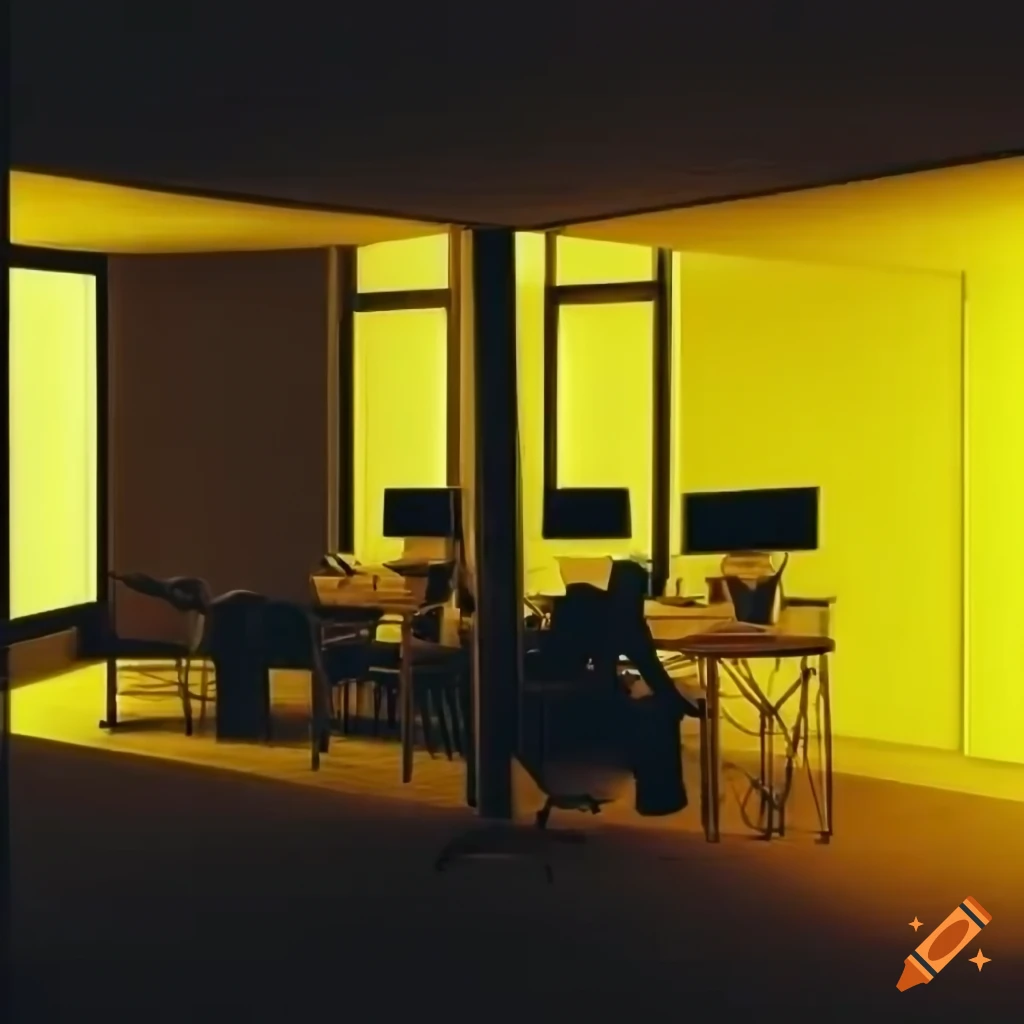 Open space, work office, backrooms, liminal space, realistic, yellow lighting, computers from