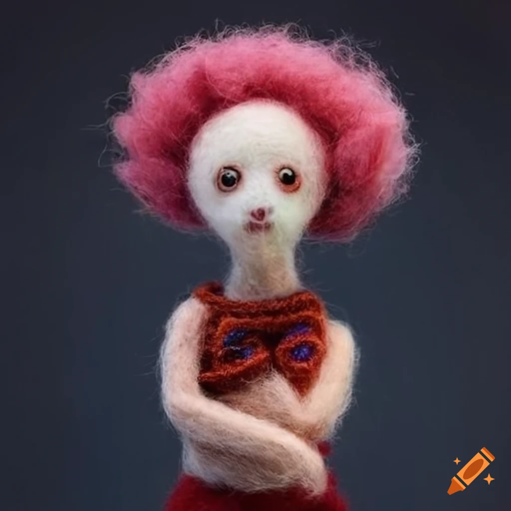 Felted wool creatures wearing intricate fashionable clothing