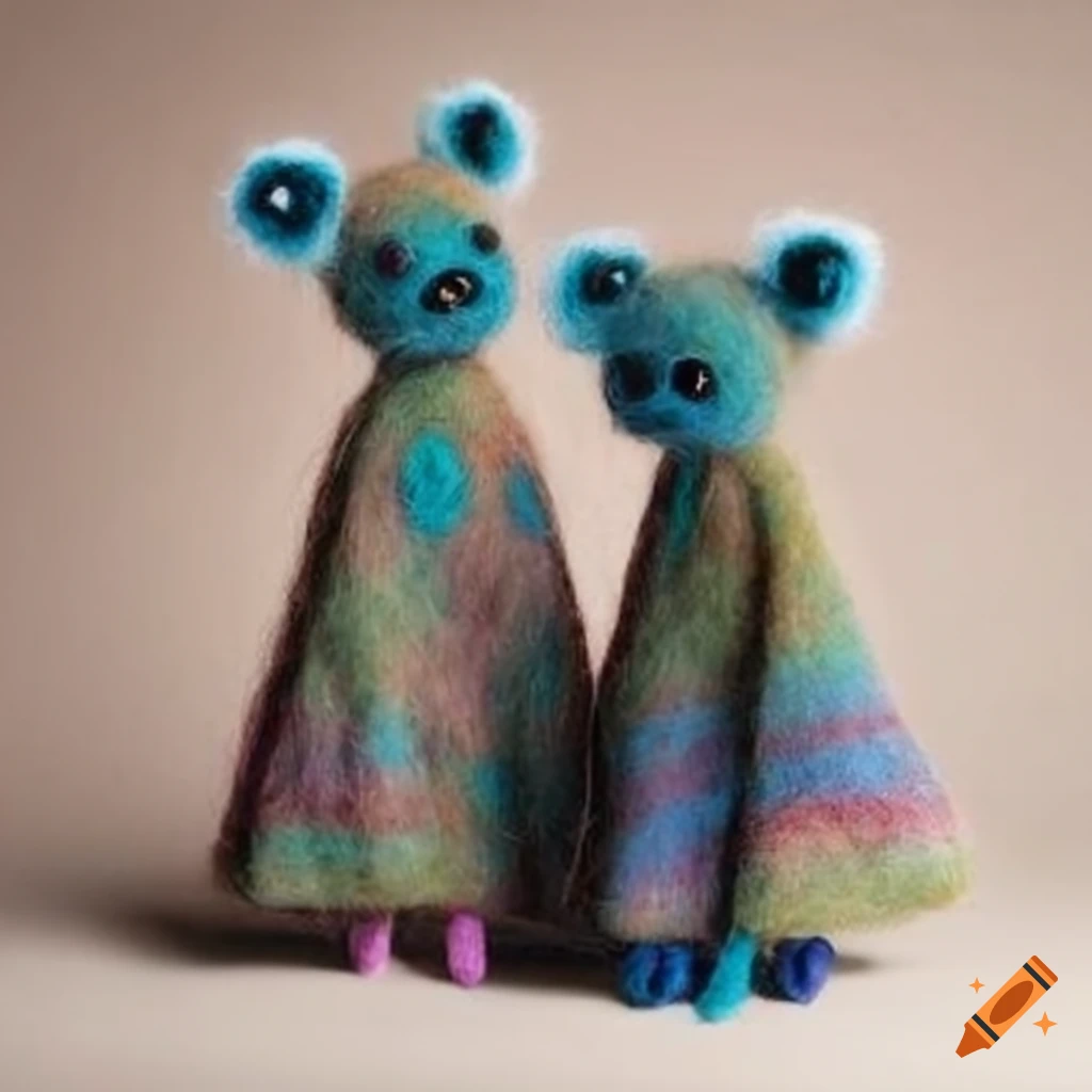 Felted wool creatures wearing fashionable clothing